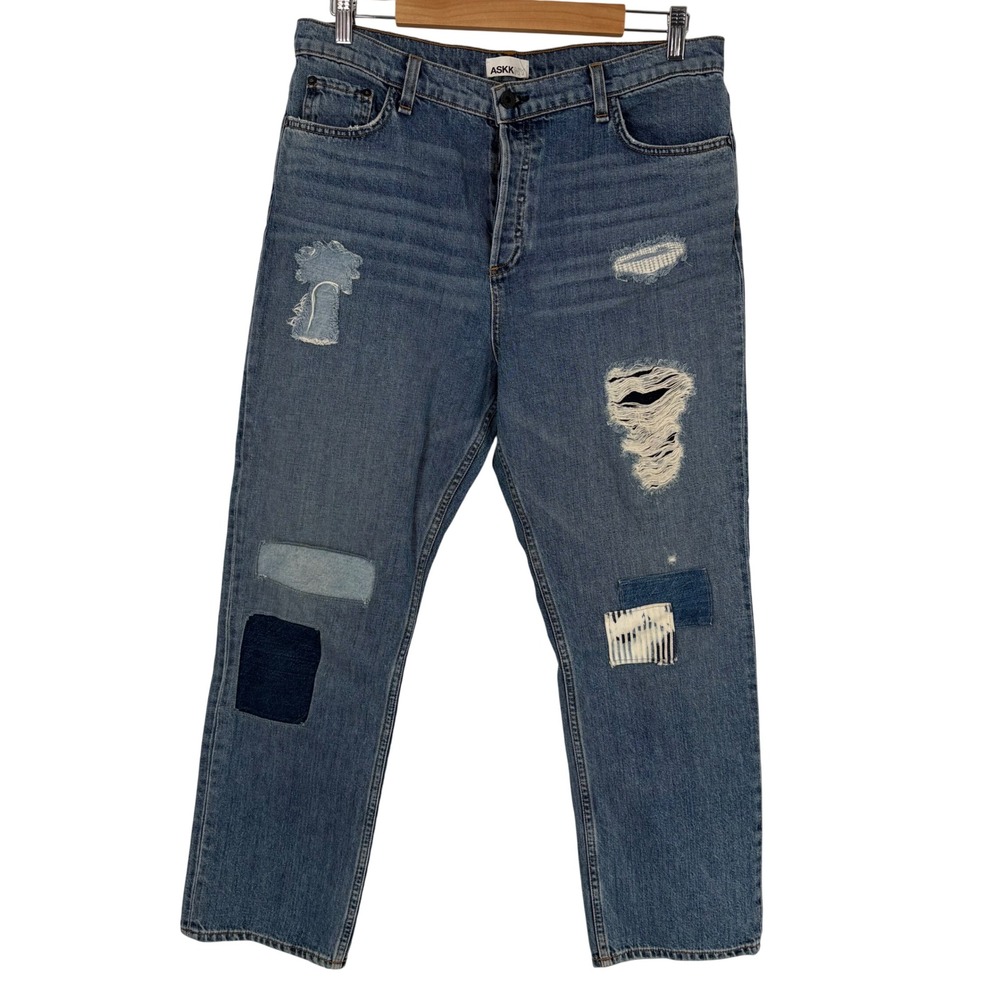 ASKK NY Womens Patchwork Distressed Straight Leg Jeans Blue Cotton Made in USA